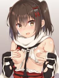 Rule 34 | 1girl, black neckerchief, breasts, brown eyes, brown hair, buttons, commentary request, covering nipples, covering privates, double-breasted, gauntlets, gradient background, grey background, kantai collection, looking at viewer, medium breasts, neckerchief, open mouth, scarf, school uniform, sendai (kancolle), sendai kai ni (kancolle), serafuku, solo, two side up, upper body, white scarf, yuzuttan