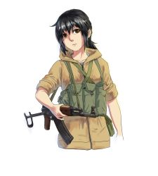 Rule 34 | 1girl, akm, akms, ammunition pouch, assault rifle, belt pouch, black hair, brown eyes, brown jacket, collarbone, commentary request, cropped torso, green bag, gun, highres, holding, holding gun, holding weapon, hood, hooded jacket, jacket, kalashnikov rifle, long hair, looking at viewer, low ponytail, original, ponytail, pouch, rifle, sidelocks, simple background, sleeves rolled up, soldier, solo, tudou jun, type 56 assault rifle, upper body, weapon, weapon request, white background