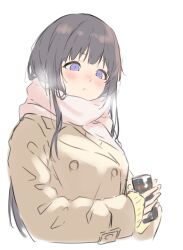Rule 34 | 1girl, bang dream!, black hair, blush, breath, can, canned coffee, coat, drink can, highres, long hair, purple eyes, scarf, shirokane rinko, sketch, solo, sou (kanade 3344), upper body, white background, winter clothes