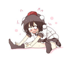 Rule 34 | !, 1girl, black hair, black legwear, black neckwear, black skirt, blush, breasts, collared shirt, colored shadow, flying sweatdrops, full body, hat, leaning forward, mini hat, no shoes, open mouth, panties, pink panties, pleated skirt, puffy short sleeves, puffy sleeves, red eyes, red hat, shadow, shameimaru aya, shirt, short sleeves, sitting, skirt, small breasts, soles, solo, spoken exclamation mark, stretching, tokin hat, totoharu (kujirai minato), touhou, underwear, v-shaped eyebrows, wavy mouth, white background, white shirt