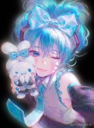 Rule 34 | 1girl, ;3, aqua necktie, bare shoulders, black background, black skirt, blue bow, blue eyes, blue hair, blue nails, bow, cheek press, cinnamiku, cinnamoroll, collared shirt, conyang 316, cosplay, detached sleeves, ear bow, eyelashes, flat chest, glowing, hair bow, hatsune miku, hatsune miku (cosplay), highres, leaning forward, looking at viewer, miniskirt, nail polish, necktie, one eye closed, pleated skirt, reaching, reaching towards viewer, sanrio, selfie, shirt, simple background, skirt, tied ears, twitter username, updo, upper body, vocaloid