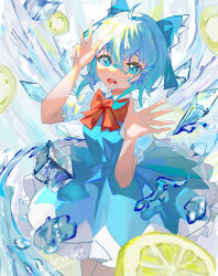 Rule 34 | 1girl, absurdres, ahoge, blue bow, blue dress, blue eyes, blue hair, bow, cirno, dress, fang, firecracker (user kgxp3553), food, fruit, hair between eyes, highres, ice, ice cube, ice wings, lemon, lemon slice, open mouth, red bow, touhou, v, wings