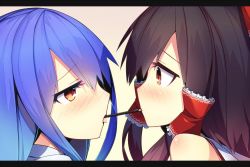 Rule 34 | 2girls, blue hair, blush, bow, brown hair, eye contact, food, from side, hair bow, hair tubes, hakurei reimu, hinanawi tenshi, ichiyan, letterboxed, long hair, looking at another, multiple girls, no headwear, no headwear, pocky, pocky kiss, portrait, profile, red eyes, shared food, touhou, yuri