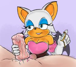 Rule 34 | 1boy, 1girl, artificial vagina, breasts, cleavage, clothed female nude male, cum, femdom, furry, highres, nude, onahole handjob, orgasm, orgasm control, orgasm denial, penis, rouge the bat, sex toy, sfp479, simple background, tease