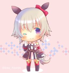 Rule 34 | 1girl, ;), animal ears, bare shoulders, black footwear, black jacket, blush, boots, bow, chibi, closed mouth, collared dress, commentary request, curren chan (umamusume), dress, ear bow, frilled jacket, frills, full body, gloves, grey hair, hair between eyes, hand up, horse ears, horse girl, horse tail, jacket, kou hiyoyo, long sleeves, looking at viewer, off-shoulder jacket, off shoulder, one eye closed, pink background, purple eyes, red bow, red thighhighs, smile, solo, standing, striped clothes, striped dress, tail, thighhighs, thighhighs under boots, twitter username, umamusume, vertical-striped clothes, vertical-striped dress, white gloves