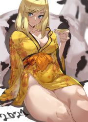 Rule 34 | 1girl, ashiomi masato, blonde hair, blue eyes, breasts, cleavage, cow, female focus, guilty gear, happy new year, highres, japanese clothes, kimono, large breasts, leaning back, legs together, looking at viewer, millia rage, new year, seiza, sitting, smile, thick thighs, thighs