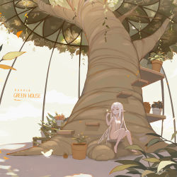 Rule 34 | 1girl, barefoot, bird, blue eyes, breasts, bug, butterfly, closed mouth, echosdoodle, english text, fairy, fairy wings, bug, long hair, looking at another, nude, original, plant, potted plant, shadow, shelf, signature, simple background, sitting, small breasts, solo, tree, very long hair, white background, white hair, wings