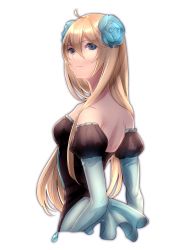 Rule 34 | 1girl, absurdres, ahoge, bare shoulders, beatmania, beatmania iidx, blind justice, blonde hair, blue eyes, blue flower, breasts, closed mouth, detached sleeves, flower, hair between eyes, hair flower, hair ornament, highres, long hair, matin catorce, puchiman, puffy sleeves, simple background, small breasts, solo, upper body, white background, zektbach