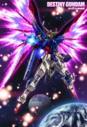 Rule 34 | 00s, 2011, artist name, babamba, battle, character name, dated, destiny gundam, earth (planet), explosion, glowing, gundam, gundam seed, gundam seed destiny, mecha, moon, no humans, planet, robot, solo, space, wings