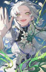Rule 34 | 1girl, breasts, comiket, comiket 103, crying, flower, green eyes, happy tears, highres, holding hands, long hair, looking at viewer, medium breasts, open mouth, original, petals, pov, solo, soono (rlagpfl), tears, white hair