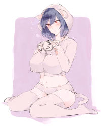 Rule 34 | 1girl, animal ears, animal hood, bad id, bad pixiv id, blush, border, breasts, bura, cat ears, cat hood, cat tail, collarbone, cup, hair between eyes, highres, hood, hot chocolate, large breasts, looking at cup, looking at object, looking down, mature female, midriff, panties, parted lips, purple background, purple hair, short hair, slit pupils, solo, steam, tail, thighhighs, touhou, tsurime, underwear, white border, yasaka kanako