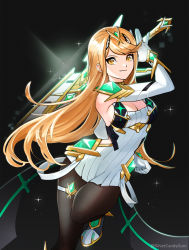 Rule 34 | 1girl, aegis sword (xenoblade), backless dress, backless outfit, blonde hair, blush, breasts, cleavage cutout, clothing cutout, dress, earrings, elbow gloves, gloves, headpiece, highres, jewelry, large breasts, long hair, looking at viewer, mythra (massive melee) (xenoblade), mythra (xenoblade), nintendo, pantyhose, silvercandy gum, simple background, smile, solo, super smash bros., swept bangs, thigh strap, thighhighs, tiara, very long hair, xenoblade chronicles (series), xenoblade chronicles 2, yellow eyes