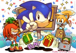 Rule 34 | 4boys, angry, animal nose, box, dr. eggman, facial hair, flying, furry, furry male, gift, gift box, glasses, gloves, happy birthday, highres, holding, knuckles the echidna, laughing, multiple boys, mustache, nekosoul, second-party source, shoes, smile, sonic (series), sonic the hedgehog, sonic the hedgehog (classic), sound effects, tails (sonic), v, white gloves