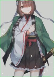Rule 34 | 1girl, bad id, bad nicoseiga id, brown eyes, brown hair, commentary request, frilled skirt, frills, grey background, hair over one eye, hakama, hakama short skirt, hakama skirt, haori, headband, highres, hyuuga (kancolle), jacket, jacket on shoulders, japanese clothes, kantai collection, katana, looking at viewer, miniskirt, petals, saitu miki, sheath, sheathed, short hair, skirt, solo, sword, undershirt, weapon, wide sleeves