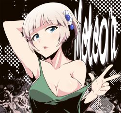 Rule 34 | 10s, 1girl, armpits, blue eyes, breasts, character name, cleavage, hair ornament, highres, large breasts, looking at viewer, meteora osterreich, no bra, open mouth, re:creators, short hair, silver hair, solo, tanashi (mk2), tank top, upper body
