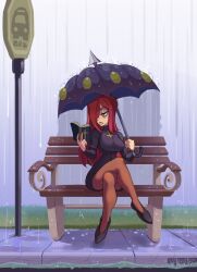 Rule 34 | 1girl, bench, black dress, black footwear, book, breasts, bus stop, bus stop sign, commentary, cross, crossed legs, dress, english commentary, g3no, hair over one eye, highres, holding, holding book, holding umbrella, inverted cross, large breasts, long hair, open book, pantyhose, parasoul (skullgirls), rain, red hair, sidewalk, sitting, skullgirls, solo, turtleneck, umbrella, yellow eyes