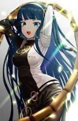 Rule 34 | 1girl, :d, absurdres, arms up, belt, belt buckle, black jacket, black shorts, blue eyes, blue hair, breasts, brown pantyhose, buckle, cleopatra (fate), commentary request, cowboy shot, facial mark, fate/grand order, fate (series), gradient background, grey background, highres, jacket, long hair, long sleeves, looking at viewer, medium breasts, open mouth, pantyhose, sanpeita, short shorts, shorts, smile, solo, teeth, upper teeth only, v-shaped eyebrows, very long hair, white background, white belt