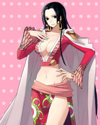 Rule 34 | 1girl, amazon lily, amazon warrior, black eyes, black hair, boa hancock, breasts, cleavage, earrings, groin, hand on own hip, hip focus, jewelry, leona (pixiv), long hair, navel, one piece, print skirt, side slit, skirt, solo