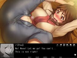 Rule 34 | 1girl, angry, arms up, ass, bed, between breasts, blush, breasts, brown eyes, brown hair, clenched teeth, crotch seam, denim, english text, erectlip, female focus, furyou ni hamerarete jusei suru kyonyuu okaa-san, furyou ni hamerarete jusei suru kyonyuu okaasan: iki jigoku ni ochita kazoku no game, game cg, huge breasts, jeans, legs, legs up, long hair, lying, mole, mole under mouth, on back, open clothes, open fly, orange eyes, panties, pants, solo, spread legs, sweater, teeth, thighs, translated, underwear, unzipped, white panties, xxzero
