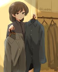 Rule 34 | 1girl, :o, bad id, bad link, bad twitter id, brown eyes, brown hair, buttons, closet, clothes, half-closed eyes, hangar, holding, johanna wiese, kodamari, long sleeves, military, military uniform, short hair, solo, strike witches, twitter username, uniform, world witches series