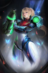 Rule 34 | 1girl, absurdres, arm cannon, armor, blonde hair, blue eyes, cannon, closed mouth, commentary, energy cannon, glowing, highres, lips, long hair, mattikarp, metroid, metroid dread, mole, mole under mouth, neon trim, nintendo, ponytail, power suit, samus aran, shoulder armor, sidelocks, simple background, solo, standing, weapon