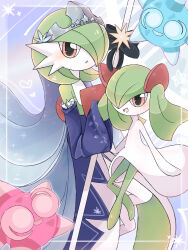Rule 34 | 2girls, bare shoulders, black bow, blue background, blue eyes, blue sleeves, blush, bob cut, border, bow, colored skin, creatures (company), detached sleeves, female focus, flat chest, floating, full body, game freak, gardevoir, gardevoir (royal winter), gen 3 pokemon, gen 7 pokemon, green hair, green skin, grey headwear, hair over one eye, happy, heart, highres, holding, holding staff, kirlia, looking at viewer, medium hair, minior, minior (blue core), minior (core), minior (red core), multicolored skin, multiple girls, nintendo, one eye covered, open mouth, outside border, pokemon, pokemon (creature), pokemon cafe remix, red eyes, short hair, sidelocks, smile, sparkle, staff, star (symbol), suzu (pixiv 32232702), tiara, two-tone skin, veil, waist cape, white border, white skin