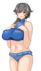 Rule 34 | 1girl, bikini, black hair, blue bikini, braid, breasts, cowboy shot, frilled bikini, frills, hair flaps, hair ornament, hair over shoulder, hairclip, highres, huge breasts, jingei (kancolle), kantai collection, large breasts, long hair, looking at viewer, low ponytail, montemasa, red eyes, simple background, single braid, smile, solo, standing, swimsuit, turtleneck, white background