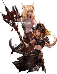 Rule 34 | 2girls, animal ears, black hair, black mage (final fantasy), blonde hair, cat ears, cat tail, commission, drawing sword, earrings, facial mark, final fantasy, final fantasy xiv, flower, hair flower, hair ornament, halterneck, heterochromia, holding, holding sword, holding weapon, jewelry, leirix, long hair, midriff, miqo&#039;te, multicolored hair, multiple girls, navel, open mouth, samurai (final fantasy), short ponytail, sleeveless, slit pupils, smile, staff, sword, tail, two-tone hair, weapon, whisker markings, white background, yellow eyes