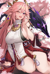 Rule 34 | 1girl, absurdres, animal ears, bare shoulders, blush, breasts, detached sleeves, earrings, fox ears, genshin impact, hair ornament, highres, jewelry, kikimi, large breasts, licking lips, long hair, looking at viewer, necklace, one eye closed, open mouth, pendant, pink hair, purple eyes, red skirt, sideboob, sidelocks, skirt, sleeveless, smile, solo, suggestive fluid, thighs, tongue, tongue out, very long hair, wide sleeves, yae miko