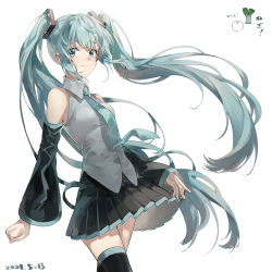 Rule 34 | 1girl, absurdres, arms at sides, bare shoulders, black skirt, black sleeves, black thighhighs, blue eyes, blue hair, blue necktie, breasts, clenched hand, closed mouth, collared shirt, coppepan, cowboy shot, detached sleeves, eyelashes, eyes visible through hair, floating hair, grey shirt, hatsune miku, highres, long hair, looking at viewer, necktie, pleated skirt, shirt, sidelocks, simple background, skirt, sleeveless, sleeveless shirt, small breasts, smile, solo, thighhighs, tsurime, twintails, very long hair, vocaloid, white background, wide sleeves, zettai ryouiki