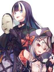 Rule 34 | 2girls, animal hood, black choker, black collar, black dress, black gloves, black hair, black jacket, blue eyes, blunt bangs, camisole, choker, collar, dress, fingerless gloves, gloves, gothic lolita, grey hair, hair ornament, highres, holding, holding mask, hololive, hololive dev is, hood, jacket, juufuutei raden, lace-trimmed choker, lace trim, lolita fashion, long hair, mask, medium hair, multicolored hair, multiple girls, open mouth, orca hood, red eyes, red jacket, sakamata chloe, sakamata chloe (1st costume), sidelocks, sorainu1211eaka, streaked hair, two-sided fabric, two-sided jacket, virtual youtuber, white camisole, x hair ornament