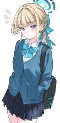 Rule 34 | 1girl, absurdres, bag, black skirt, blonde hair, blue archive, blue bow, blue bowtie, blue cardigan, blue eyes, blue halo, blush, bow, bowtie, buttons, cardigan, closed mouth, collared shirt, cowboy shot, halo, highres, long hair, long sleeves, metsu end, pleated skirt, school bag, shirt, simple background, skirt, solo, toki (blue archive), white background, white shirt