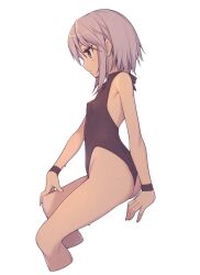 Rule 34 | 1girl, arm support, ass, bare shoulders, black one-piece swimsuit, breasts, cropped legs, everyntrge, expressionless, female focus, from side, grey eyes, grey hair, highleg, highleg swimsuit, highres, one-piece swimsuit, original, profile, short hair, sidelocks, simple background, sitting, small breasts, solo, swimsuit, wedgie, wet, white background, wristband