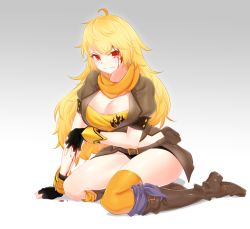 Rule 34 | 1girl, ahoge, angry, bad id, bad pixiv id, belt, blonde hair, blood, boots, breasts, brown footwear, cleavage, fingerless gloves, gloves, highres, knee boots, large breasts, long hair, narynn, pouch, red eyes, rwby, shiny clothes, shiny skin, solo, yang xiao long