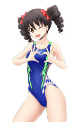 Rule 34 | 1girl, black hair, blue one-piece swimsuit, brown eyes, competition swimsuit, covered navel, cowboy shot, drill hair, fuuma nagi, hair ornament, hair ribbon, heart, heart hands, highres, long hair, looking at viewer, one-piece swimsuit, one eye closed, open mouth, original, red ribbon, ribbon, simple background, smile, solo, speedo (company), standing, swimsuit, twin drills, twintails, white background