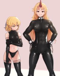 Rule 34 | 2girls, abs, absurdres, bare shoulders, black bodysuit, blonde hair, bodysuit, breasts, chain, collar, collarbone, commentary request, commission, covered navel, cuffs, gloves, green eyes, grin, hands on own hips, height difference, highres, horns, hoshiguma yuugi, impossible bodysuit, impossible clothes, large breasts, latex, latex bodysuit, latex gloves, latex legwear, latex panties, latex top, long hair, looking at another, looking at viewer, metal collar, midriff, mizuhashi parsee, multiple girls, panties, pointy ears, red eyes, senzaicha kasukadoki, shackles, shiny clothes, single horn, small breasts, smile, toned, touhou, underwear