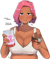 Rule 34 | 1girl, blush, breasts, cleavage, cup, dark-skinned female, dark skin, eating, english text, large breasts, looking at viewer, ohasi, original, pink (ohasi), pink hair, plump, protein bar, short hair, sleeveless, solo, sports bra, sweat, tank top, white background