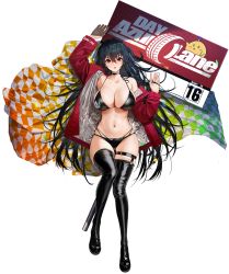 Rule 34 | 1girl, ahoge, arm up, armpits, azur lane, bare shoulders, bikini, black bikini, black choker, black footwear, black hair, boots, breasts, choker, cleavage, collarbone, copyright name, full body, hand up, highres, jacket, large breasts, latex, latex boots, long hair, long sleeves, looking at viewer, lying, multi-strapped bikini bottom, navel, off shoulder, official alternate costume, official art, on back, one side up, open clothes, open jacket, parted lips, red eyes, red jacket, sign, skindentation, solo, stomach, string bikini, swimsuit, taihou (azur lane), taihou (enraptured companion) (azur lane), thigh boots, thigh strap, thighhighs, thighs, transparent background, very long hair, yunsang