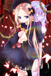 Rule 34 | 2girls, abigail williams (fate), back-to-back, black bow, black dress, black hat, blonde hair, bloomers, blue eyes, bow, dress, fate/grand order, fate (series), gothic lolita, hair bow, hair ornament, hat, holding, holding toy, horns, lavinia whateley (fate), lolita fashion, long hair, long sleeves, looking at viewer, multiple girls, orange bow, polka dot, polka dot bow, purple eyes, purple hair, single horn, sleeves past wrists, smile, standing, stuffed animal, stuffed toy, teddy bear, toy, underwear, white bloomers, wide-eyed