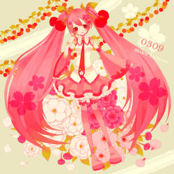 Rule 34 | 1girl, alternate color, alternate hair color, bad id, bad pixiv id, boots, cherry, cherry blossoms, detached sleeves, food, fruit, hatsune miku, long hair, miri (cherryjelly), name connection, object namesake, pink eyes, pink footwear, pink hair, sakura miku, solo, twintails, very long hair, vocaloid