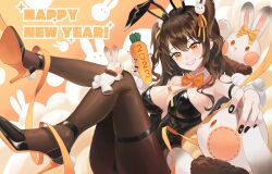 Rule 34 | 1girl, 2023, absurdres, animal ear hairband, animal ears, blush, breasts, brown hair, carrot, chinese zodiac, commentary, fake animal ears, food, grin, hair ornament, hair ribbon, hairband, happy new year, high heels, highres, holding, holding food, knees up, large breasts, leotard, long hair, nail polish, new year, orange eyes, original, pantyhose, playboy bunny, prock, rabbit ear hairband, rabbit ears, rabbit hair ornament, ribbon, smile, solo, strapless, strapless leotard, stuffed animal, stuffed rabbit, stuffed toy, thigh strap, two side up, year of the rabbit