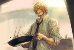 Rule 34 | 1boy, blonde hair, cigarette, closed mouth, collared shirt, cooking, eyebrows, facial hair, food, hair over one eye, holding, indoors, light smile, looking down, male focus, manly, mouth hold, one piece, sanji (one piece), shirt, short hair, sleeves rolled up, smoke, smoking, standing, tsuyomaru, upper body, white shirt, wing collar, wok