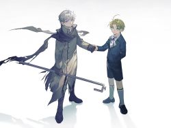 Rule 34 | 2boys, ahoge, america (hetalia), arm at side, arm behind back, axis powers hetalia, bandaged neck, bandages, black footwear, black gloves, black scarf, blonde hair, blue eyes, blue jacket, blue ribbon, blue shorts, boots, child, closed mouth, coat, collared shirt, floating scarf, frown, full body, glasses, gloves, grey coat, grey hair, grey legwear, highres, holding, holding hands, holding weapon, jacket, kneehighs, legwear garter, lirensheng, loafers, long sleeves, looking at viewer, male focus, multiple boys, neck ribbon, outstretched arm, parted bangs, purple eyes, ribbon, russia (hetalia), scarf, shadow, shirt, shoes, short hair, shorts, simple background, smile, socks, standing, torn clothes, torn coat, weapon, white background, white shirt