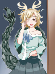 Rule 34 | 1girl, antlers, aqua shirt, bare shoulders, blonde hair, blush, breasts, clothes lift, collarbone, commentary request, cowboy shot, doorway, dragon horns, dragon tail, gradient background, green skirt, grey background, horns, kakineko, kicchou yachie, lifted by self, long sleeves, messy hair, off shoulder, one eye closed, open mouth, outline, red eyes, rubbing eyes, shirt, shirt lift, short hair, simple background, skirt, small breasts, solo, swept bangs, tail, touhou, turtle shell, white outline