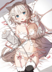 Rule 34 | 1girl, :o, animal ears, bare shoulders, black thighhighs, blue eyes, bra, cat ears, cat girl, cat tail, choker, frilled bra, frills, frown, garter belt, grey jacket, hair ornament, hairclip, highres, jacket, lingerie, looking at viewer, lying, off shoulder, on back, open clothes, open jacket, open mouth, original, panties, short hair, solo, strap, string panties, tail, thighhighs, underwear, white bra, white hair, white panties, yon (letter)