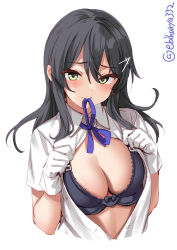 Rule 34 | 1girl, black hair, blue ribbon, blush, breasts, cowboy shot, ebifurya, embarrassed, gloves, grey eyes, hair between eyes, hair ornament, hairclip, highres, kantai collection, looking at viewer, neck ribbon, open clothes, open shirt, oyashio (kancolle), ribbon, shirt, short sleeves, simple background, solo, twitter username, upper body, white background, white gloves, white shirt