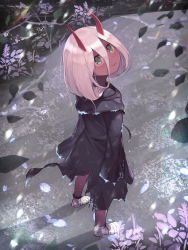 Rule 34 | 10s, 1girl, aged down, black robe, blush, colored skin, darling in the franxx, eis, from above, full body, green eyes, hair between eyes, highres, horns, long hair, long sleeves, looking at viewer, pink hair, red skin, robe, smile, solo, spoilers, standing, torn clothes, torn robe, zero two (darling in the franxx)