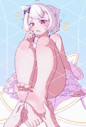 Rule 34 | 1girl, absurdres, animal ears, barefoot, blush, butterfly hair ornament, cat ears, cat girl, feet, foot focus, hair ornament, highres, looking at viewer, medium hair, open mouth, original, pov, red eyes, soles, toes, white hair, yao (pixiv9482697)