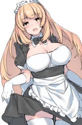 Rule 34 | 1girl, :d, alternate costume, anoshabu, apron, black bow, black bowtie, black dress, blonde hair, bow, bowtie, breasts, brown eyes, cleavage, detached collar, dress, elbow gloves, enmaided, gloves, highres, large breasts, long hair, looking at viewer, maid, maid apron, maid headdress, open mouth, shokuhou misaki, short sleeves, skindentation, skirt hold, smile, solo, star-shaped pupils, star (symbol), symbol-shaped pupils, thighhighs, toaru kagaku no mental out, toaru kagaku no railgun, toaru majutsu no index, white background, white thighhighs