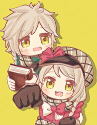 Rule 34 | 1boy, 1girl, aoi hana (artist), blonde hair, brother and sister, brown scarf, clanne (fire emblem), fire emblem, fire emblem engage, flannel, framme (fire emblem), green hair, highres, martial arts, nintendo, pink hair, plaid, plaid headwear, plaid scarf, scarf, siblings, yellow eyes